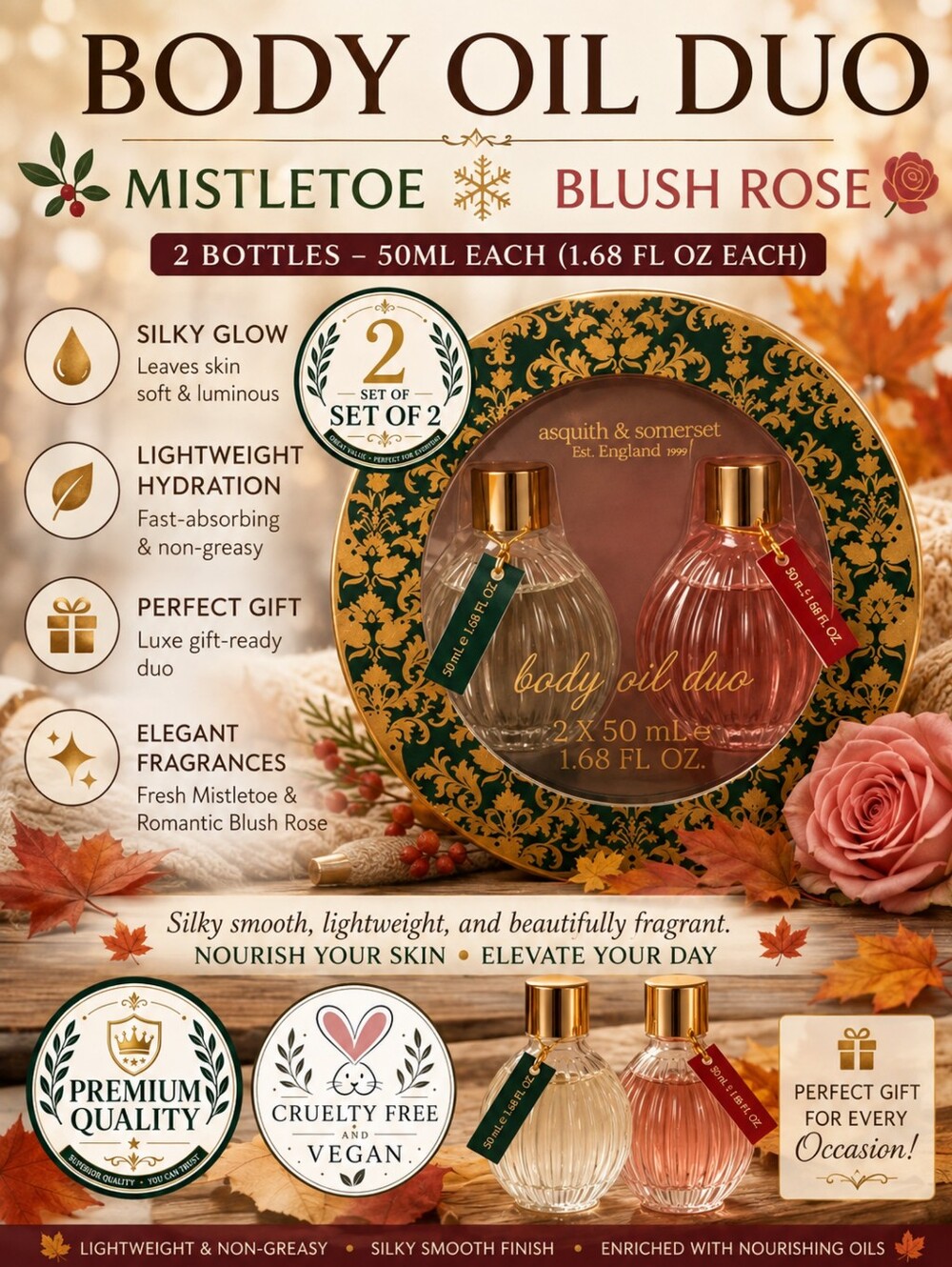 Asquith & Somerset Nourishing Body Oil Duo Mistletoe & Blush Rose 2 x 1.68 oz